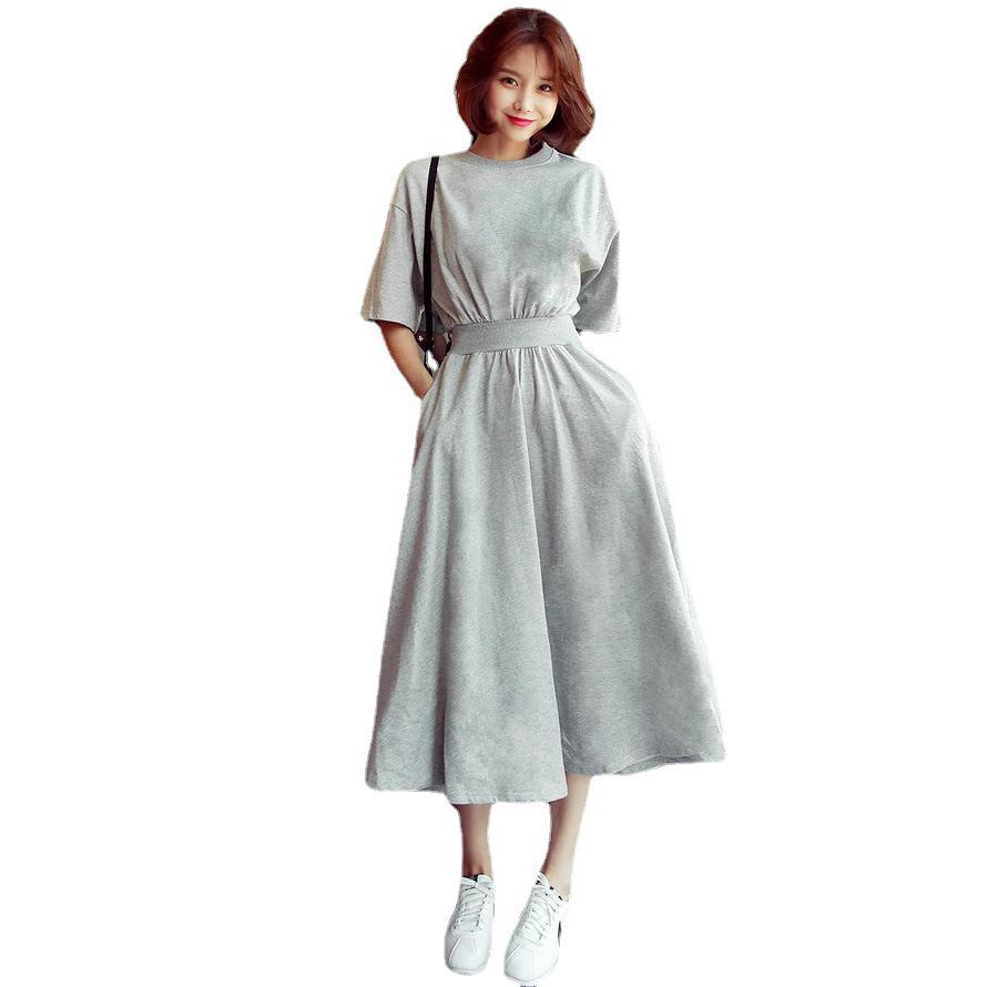 2024 Корейский стиль Черное летнее платье с высокой талией Cross-Border - Короткие рукава, круглый вырез, большой подол