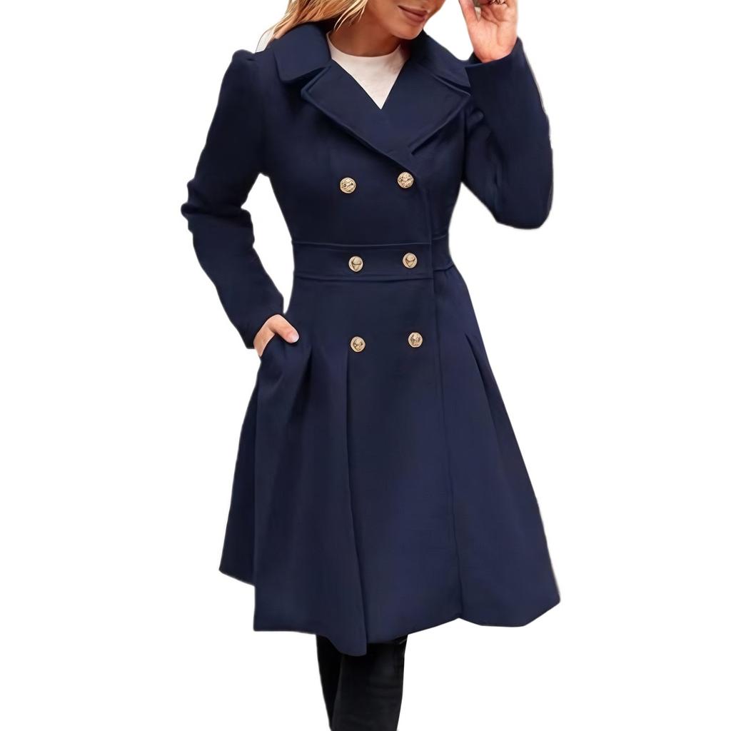 Women's Long Woolen Coat With Double Breasted Buttons
