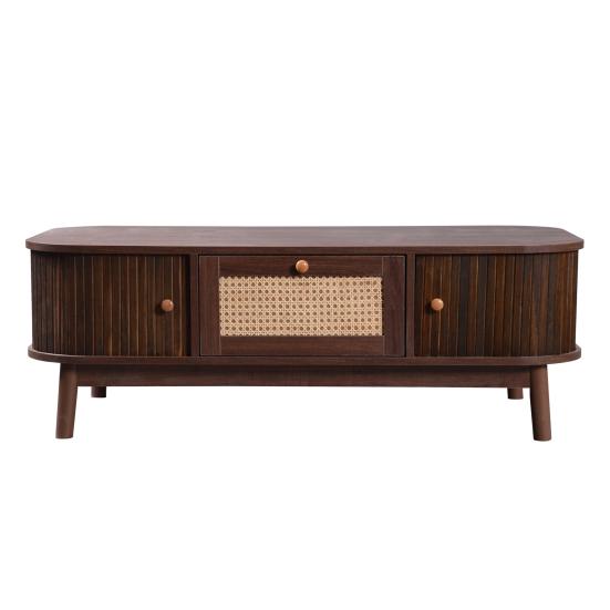 Home Reception Cocktail Tea Table Coffee Table Rattan Drawers with and Sliding Doors Storage Cabinet Solid Wood Slats Legs Natural Country Style