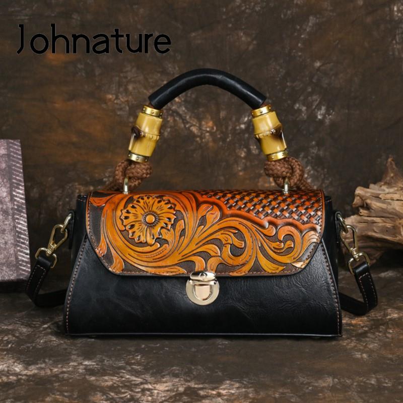Johnature Women Bag Retro Leather Carving Craft Ladies Handbag Versatile Large Capacity Shoulder & Crossbody Bags