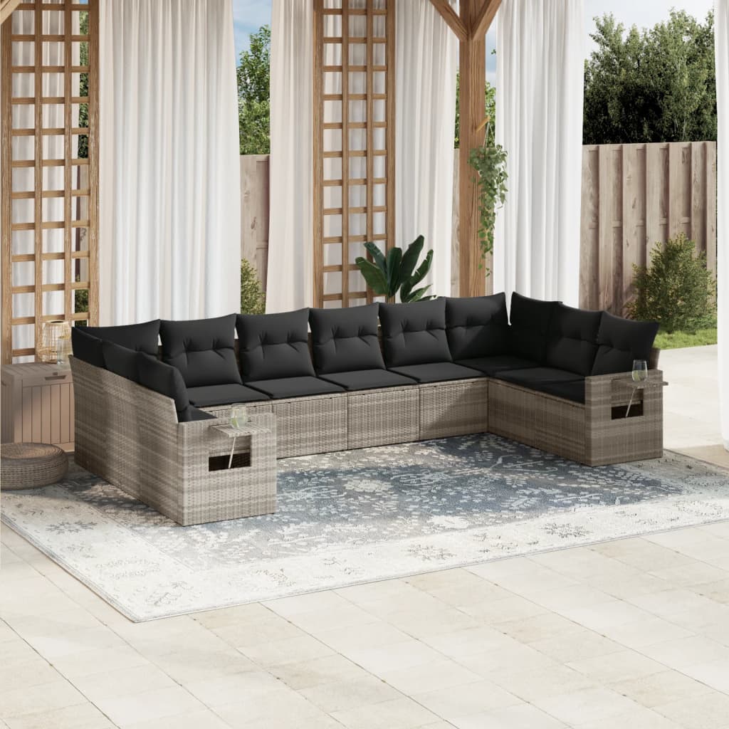 10 Piece Garden Sofa Set with Cushions Light Grey Poly Rattan