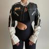 Women's Street Hipster Dazzling Mecha Style PU Leather Colour Blocking Short Pull Beam Long Sleeve Jacket