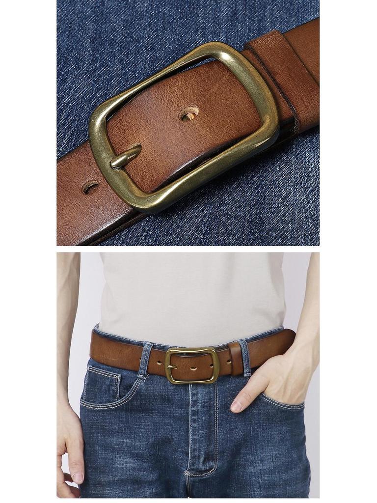 Мужской модный ретро-ремень из кожи ручной работы с медной пряжкой