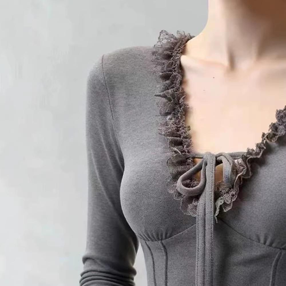 Женский шикарный топ с V-образным вырезом, на шнуровке, с длинным рукавом, облегающий, из флиса