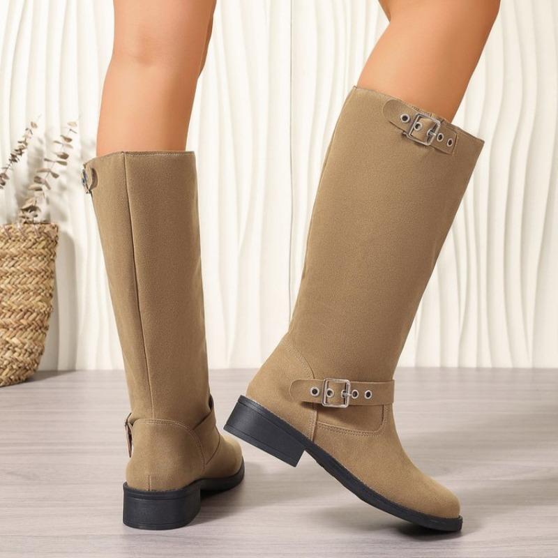 2024 Новые женские сапоги, классические женские сапоги с пряжкой на ремне, высокие сапоги до колена, повседневные сапоги с круглым носком и низким каблуком