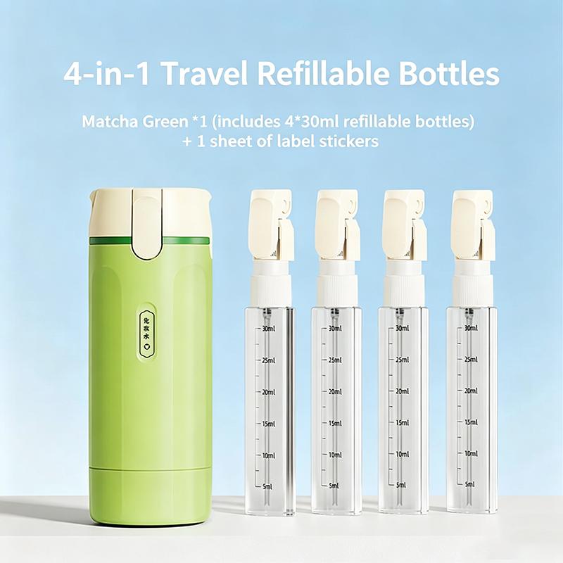 Портативный набор 4-в-1 для душа и ухода за волосами в путешествии - 4 бутылочки по 30 мл каждая, многоразовые и герметичные контейнеры - Незаменим в поездках