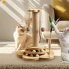 Solid Wood Cat Scratching Post Activity Center Natural Sisal Wrap Multi-Layer Turntable Platform With Rolling Catnip Balls Hanging Pom-poms & Spring