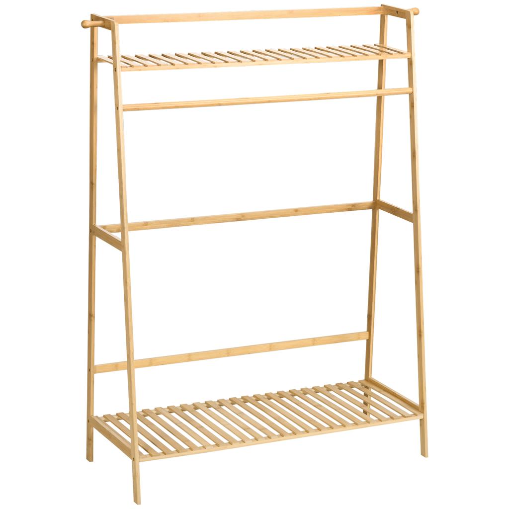 Clothes Rack Wardrobe Coat Stand With 2 Shelves 2 Hooks And 1 Hanging Bar In Bamboo