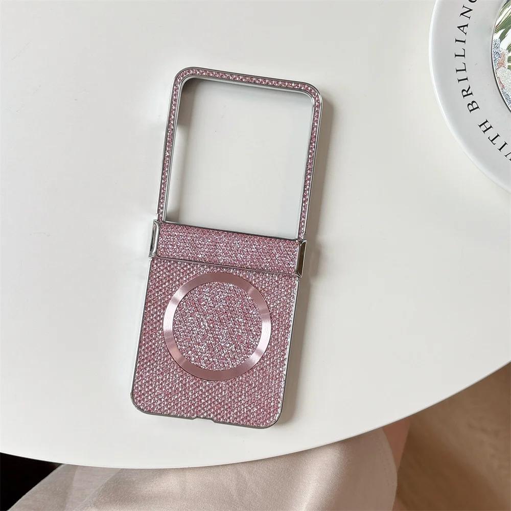For Wireless Charging Magnetic Plating Leather Phone Case for Motorola Razr 50 40 Ultra Moto Razr 50 Hinge Protection Cover
