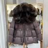 Womens Mid-Length Puffer Coat With Real Fox Fur Collar Slim Fit Drawstring Waist Warm Duck Down Winter Jacket