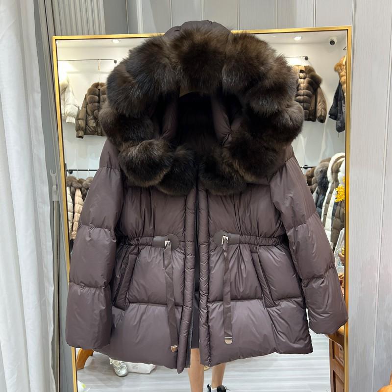Womens Mid-Length Puffer Coat With Real Fox Fur Collar Slim Fit Drawstring Waist Warm Duck Down Winter Jacket