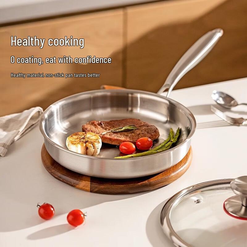 Zhishi 30CM 304 Stainless Steel Non-Stick Frying Pan with Lid