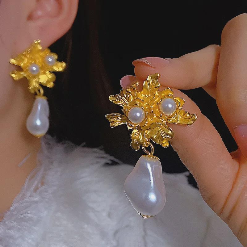 Vintage Rose Leaf Metal Cuban Link Pearl Earrings for Women