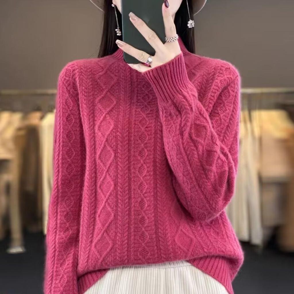 Women Half-high Neck Sweater 2025 Spring Winter New Thickened Foreign Fashion Loose Twisted Flowers Long-sleeved Knitted Bottoming Tops