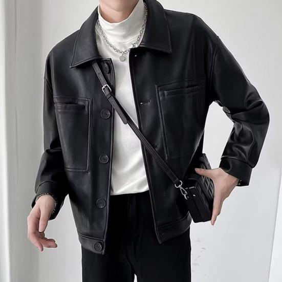 Мужская куртка с лацканами, длинными рукавами, карманами-клапанами, однобортная куртка, пальто, однотонная, свободная, водонепроницаемая, теплая, из искусственной кожи