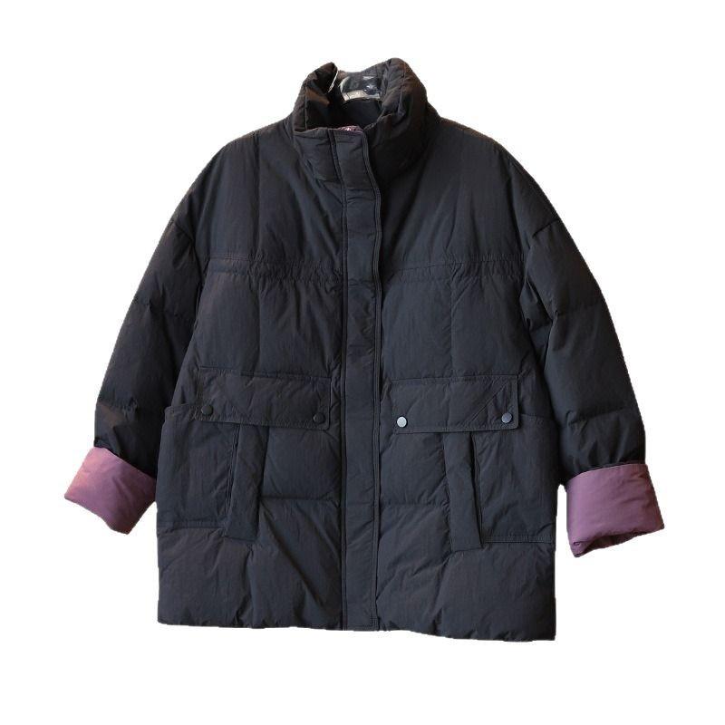 Womens Mid-Length Down Coat With Contrast Color Panel Stand Collar Loose Fit White Duck Fill Winter 2025