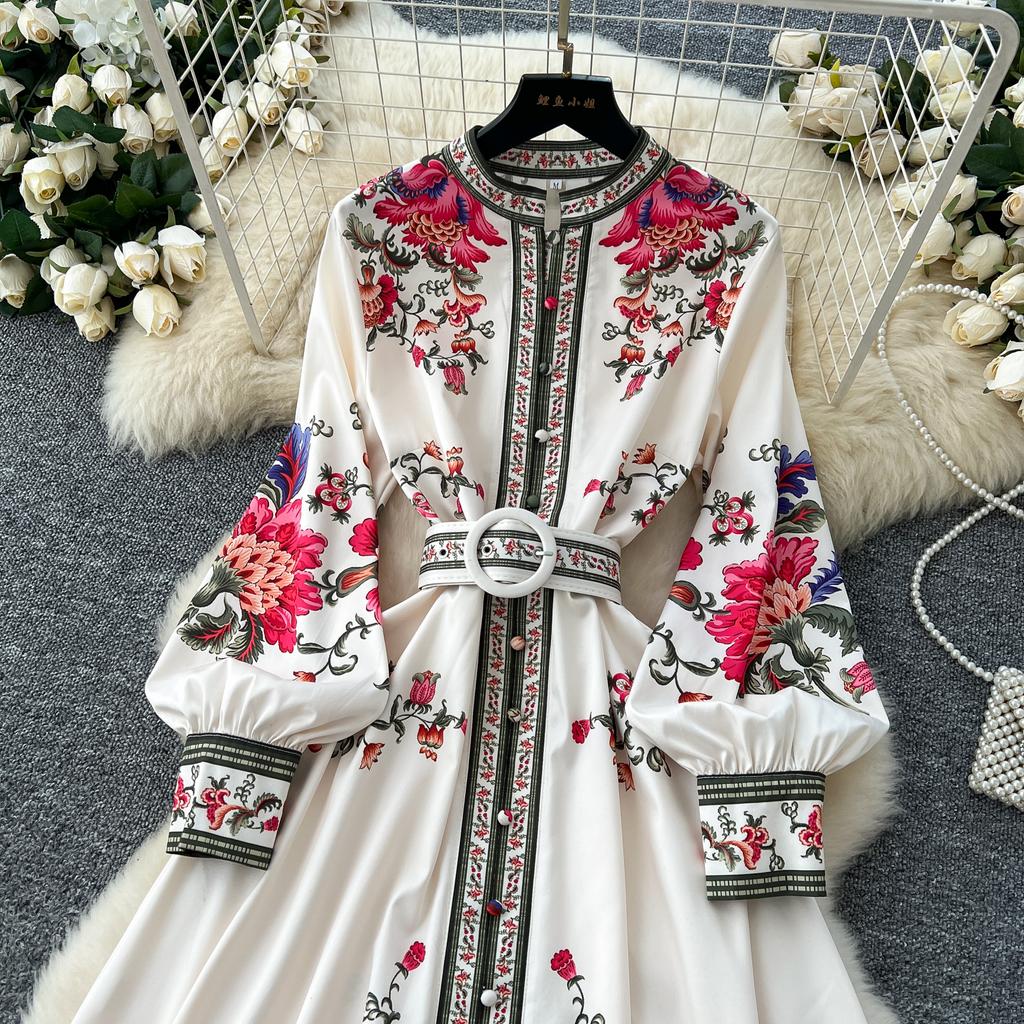 Весенние женские однобортные платья с воротником-стойкой и винтажным принтом, длинные макси, для пляжной вечеринки, с поясом