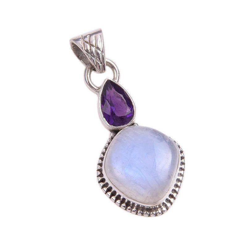 Natural Rainbow Moonstone, Amethyst Gemstone 925 Solid Silver Pendant 1.50" N9G37