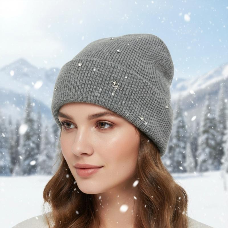 Acrylic Fibre Knitted Brimless Hat with Rhinestones Decors Winter Warm Skull Cap For Women Teens Girl Daily Outfit