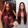 Women Long Straight Wig Without Bangs Synthetic Fiber Lace Front Ombre Red Wine Color Daily Wear Wig