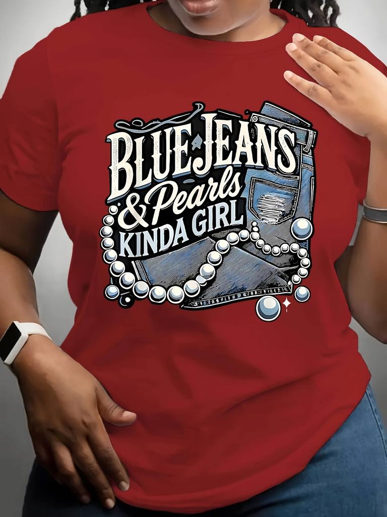 Женские футболки больших размеров 'Джинсы и жемчуг', модные футболки, топы, рубашки с круглым вырезом для повседневной носки, одежда y2k