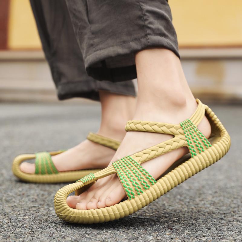 Сандалии мужские соломенные тапочки уличные сандалии большого размера ретро комбинезоны мужские туфли дырявые туфли