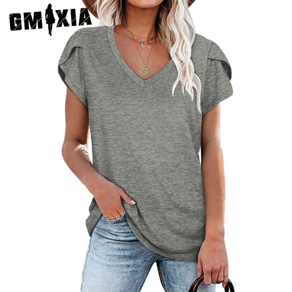 GMXIA Women's Fashion Casual Solid Color Print Short Sleeve V Neck Blouses & Shirts