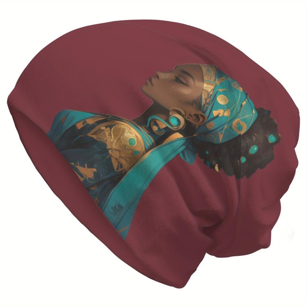 African Inspired Graphic Pattern Soft Fabric Beanie Unisex Knitted Casual Skull Cap Polyester Spandex Blend Stretchable