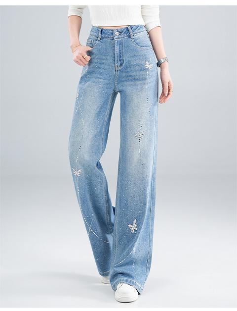 Wide leg jeans women's summer new high waist loose and thin drape heavy industry butterfly hot drill straight pants
