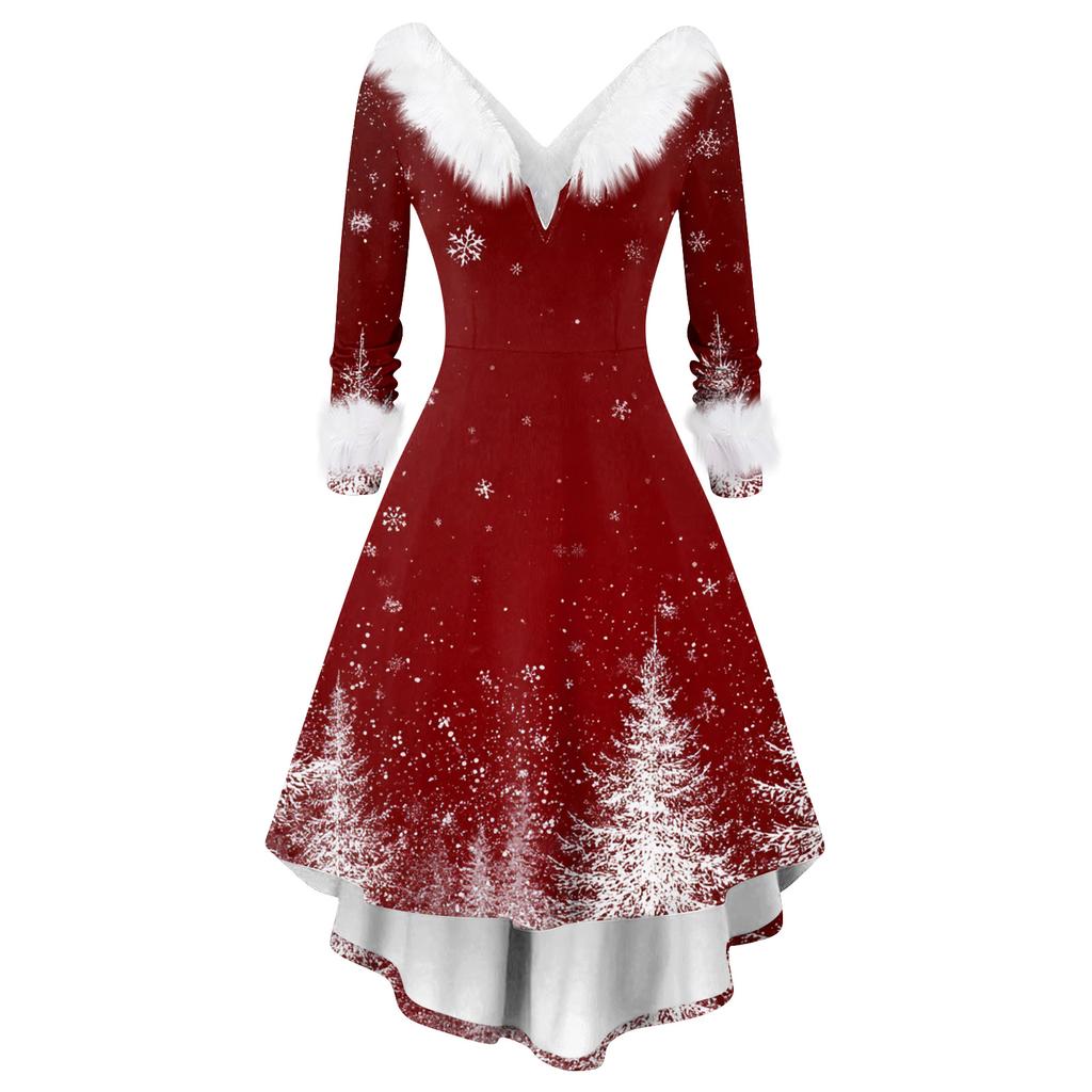 Women's Fashion Casual V-Neck Christmas Print Long Sleeve Dress