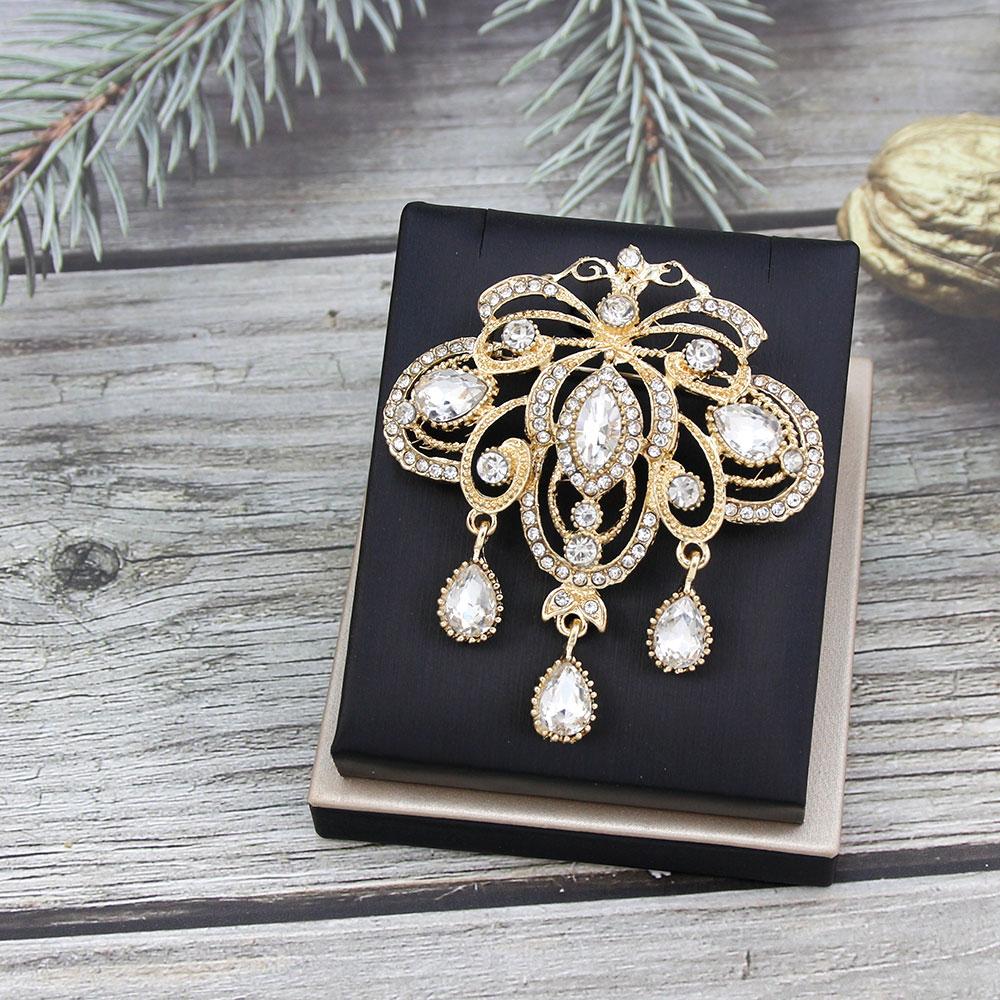 Women's Brooch Gold Crystal Jewelry Brown Brooch Bridal Dress Brooch