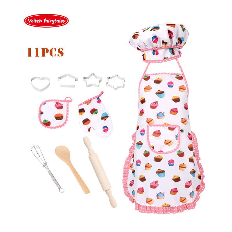 Кулинарный набор, детский милый набор для выпечки, набор кухонных игрушек, аксессуары, фартук со шляпой шеф-повара, перчатки для духовки, держатель для кастрюли, формочка для печенья в качестве детского кухонного подарка
