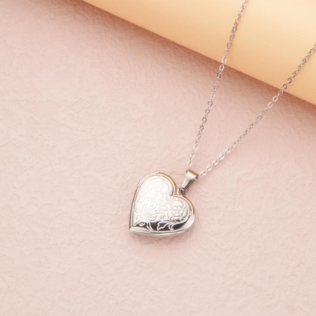 Stainless Steel Silver & Gold Women's Heart Photo Frame Locket Necklace