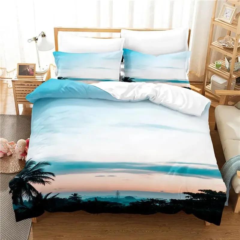 Комплект пододеяльников размера «queen-size», «Тропический остров» с пальмами и морским пляжем, комплект постельного белья с тематикой природы для подростков