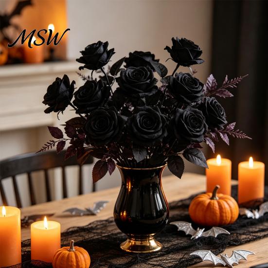 Centerpiece Floral Decor Realistic Silk Black Roses with Long Stems for Wedding Centerpieces, Halloween Home Decor, Artificial Faux Arrangements