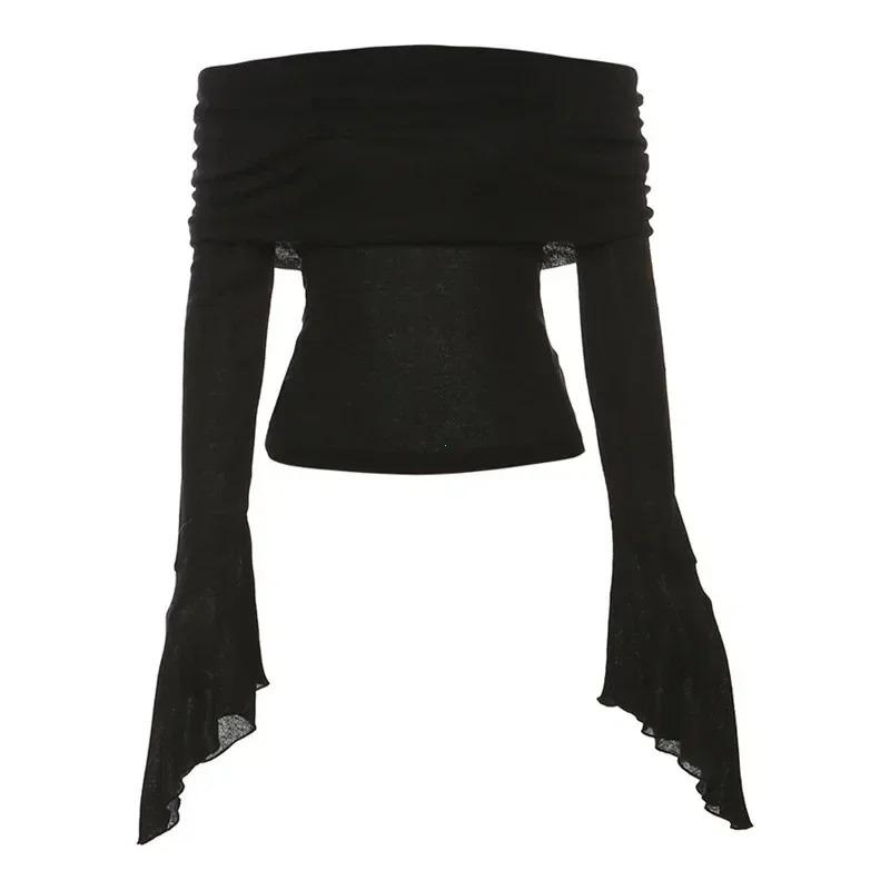 Эстетика Y2k Простые Модные Женские Футболки Слэш-Вырез Длинный Рукав Однотонные Повседневные Футболки Винтажные С Открытыми Плечами Модные Футболки