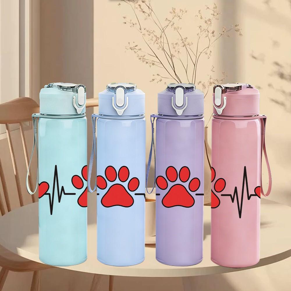 1PC Paw Print Heartbeat Graphic 750ml Color Plastic Sports Water Bottle Leakproof Flip Straw Lid Suitable for Sports Office Home Use