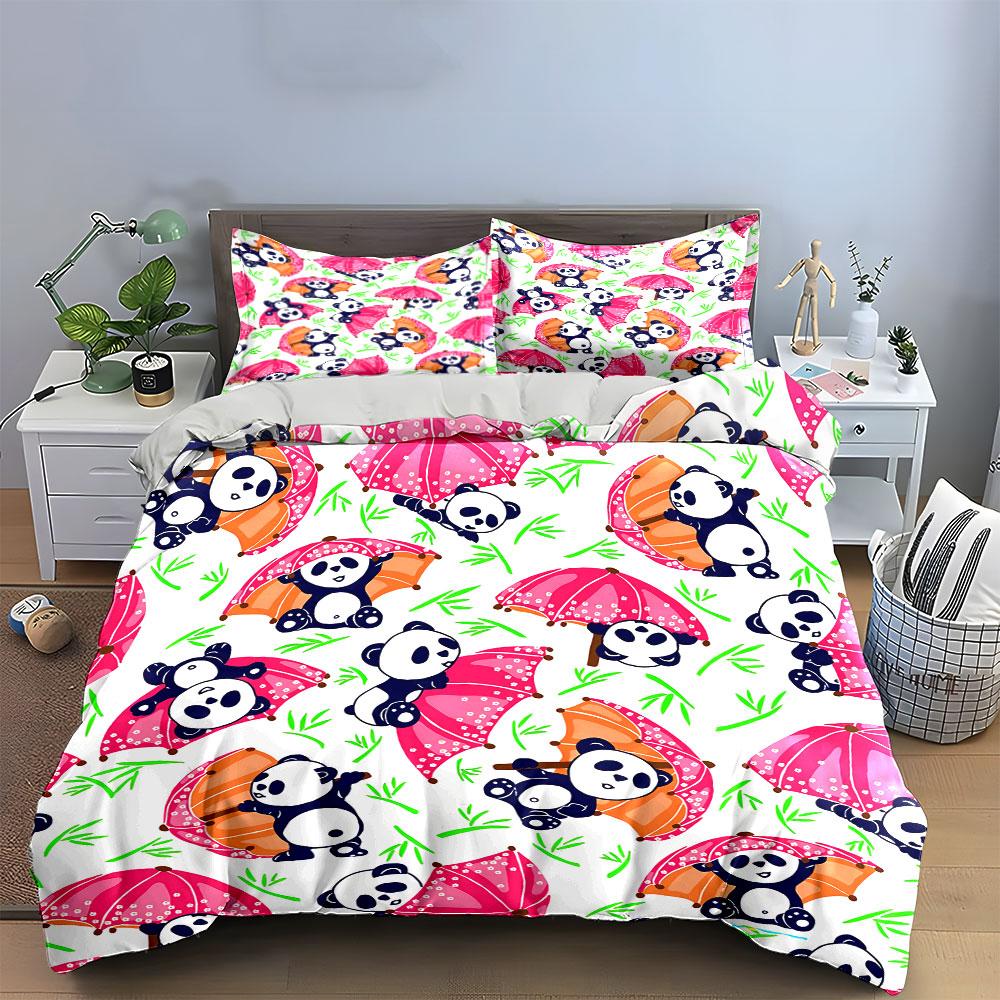 Cute Panda with Colorful Umbrellas Bedding Duvet Cover Set Duvet Cover Pillowcases (1*Duvet Cover 2*Pillowcases, without duvet insert)