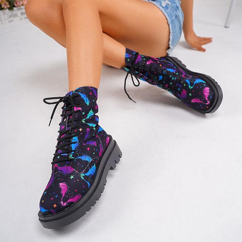 Осенние женские сапоги с принтом на Хэллоуин, ботильоны с тыквой и летучей мышью ко Дню всех святых, готическая обувь, модные сапоги на платформе и каблуке со шнуровкой для верховой езды