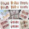 HANDMADE Coffin Shape Artificial Nail Art Sweetheart Spring Summer Ballet Ribbon Blush Smudged Check Diamond Ball Pearl Phototherapy Nails Reusable