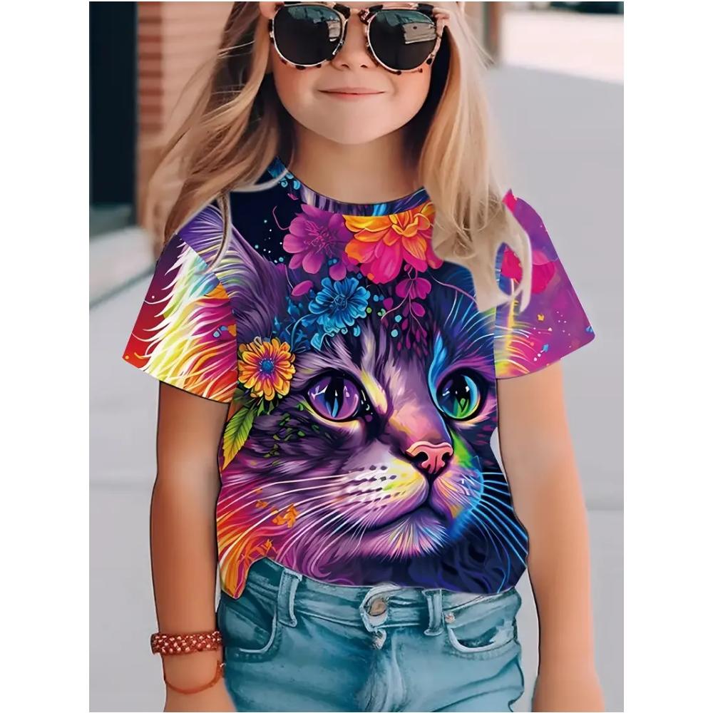 Летняя одежда для девочек Милый кот 3D-принт Короткий рукав Графические футболки Одежда для улицы для детей Милый стиль Футболка для девочки