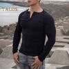 Весна-осень Мужской топ с пуговицами, круглым вырезом, облегающий крой, длинные рукава, однотонный пуловер, средняя длина, эластичная спортивная футболка для бега