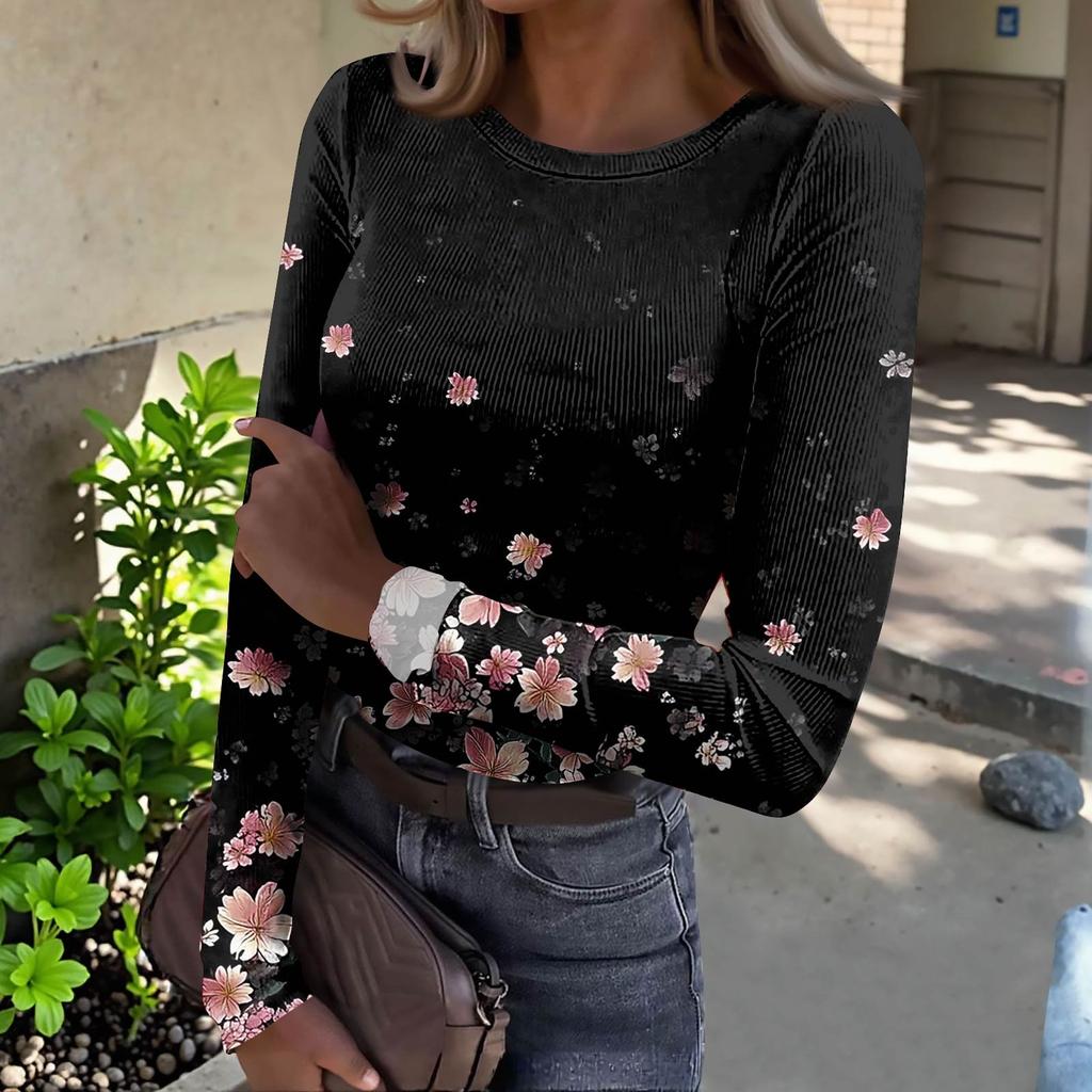 Женская футболка с облегающим низом, модная повседневная с градиентным принтом, пуловер с круглым вырезом и длинными рукавами