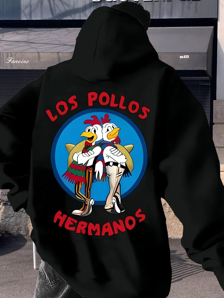 Casual Fleece Hoodie with LOS POLLOS HERMANOS Back Print & Cartoon Chicken Graphic - Grey Pullover Sweatshirt