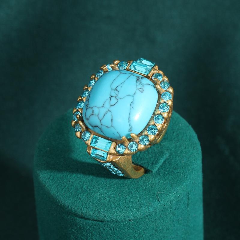 Винтажное кольцо в стиле Арт-деко с бирюзой | Позолоченное 18K золото и медь | Дизайн с камнем, закрепленным крапанами