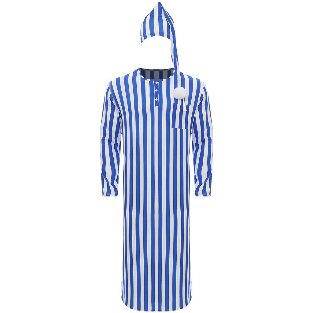 Mens Sissy Nightwear Striped Sleep Robe with Hat Long Sleeve Long Robe And Pompom Adjustable Sleep Hat Arabian Muslim Pajamas