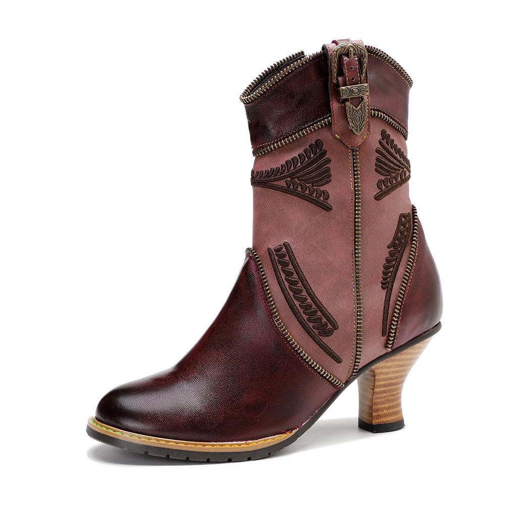 Johnature Fashion High Heels Shoes Genuine Leather Exquisite Embroidery Zipper Edge Women's Short Boots