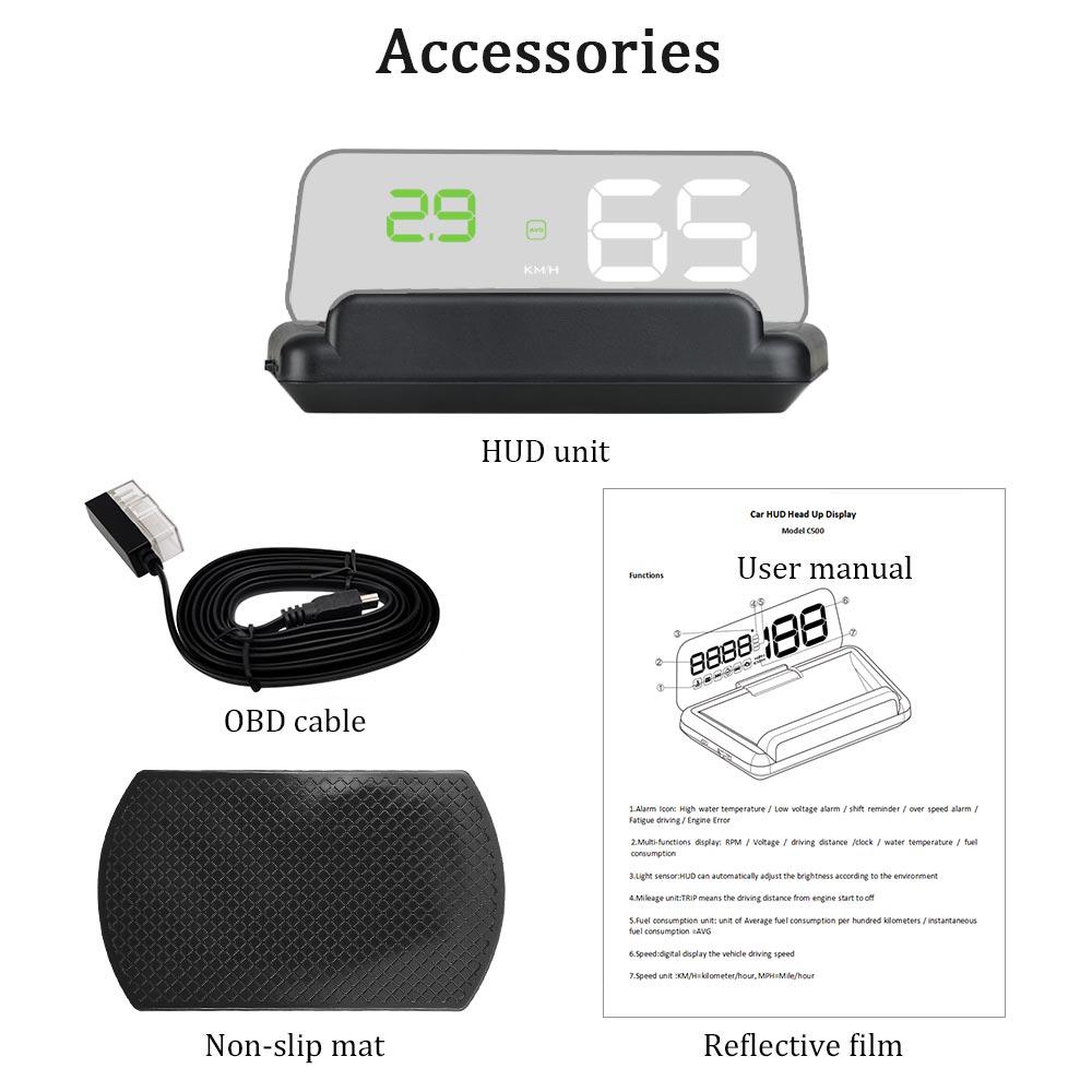 OBD2 Speedometer Auto Electronic Windshield Projector C500 Mirror HUD Car Head Up Display Water Temp RPM Voltage Alarm