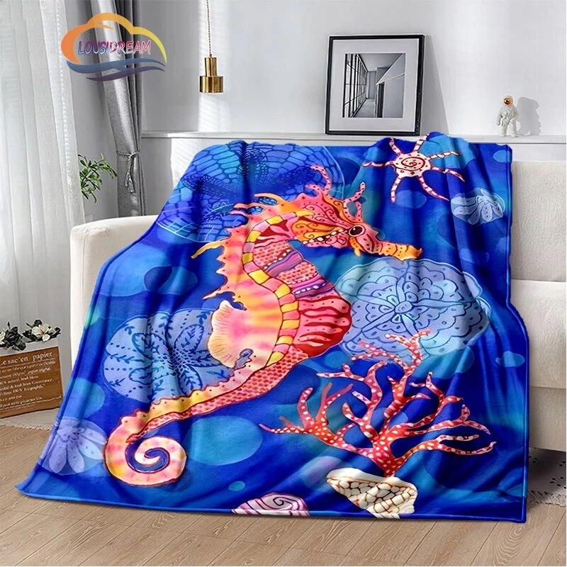 Marine Animal Sea Horse Blankets Super Soft Hippocampus Flannel Blanket Warm Lightweight Kids Bedding Sofa Chairs All Seasons