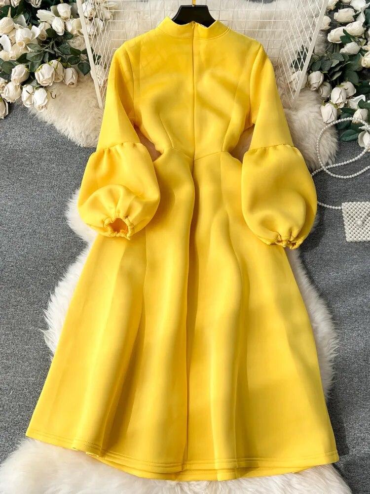 Милое стильное женское платье с бантом на шнуровке и фонариком с длинными рукавами, однотонные платья с высокой талией, осень-зима 2024, новинка 2024 г.